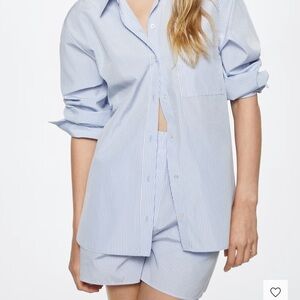 Mango oversized Blue Striped Button-Up Shirt and Shorts Set in cotton bl…